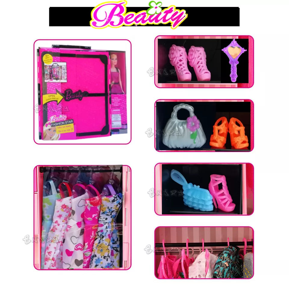 Armadio vestiti per bambole + accessori Scarpe Borse Specchio 2 bambole incluse