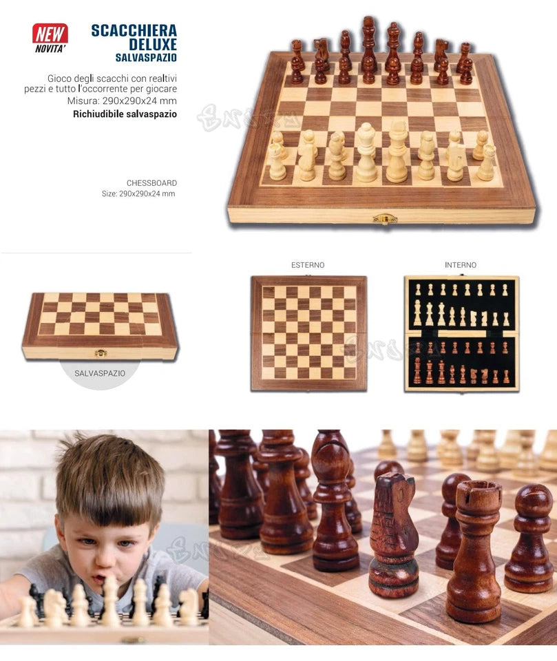 scacchi scacchiera gioco da tavolo richiudibile salvaspazio misure 29x29x24 cm.