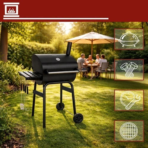 barbecue a carbonella bbq da giardino + accessori e soffiatore con termometro