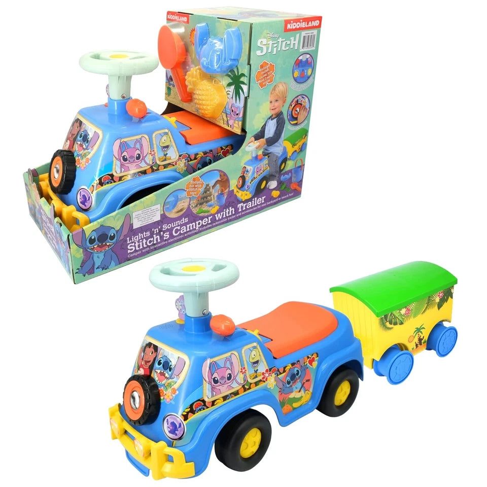 Ride on bambini disney stitch auto a spinta cavalcabile con rimorchio paletta secchiello mare