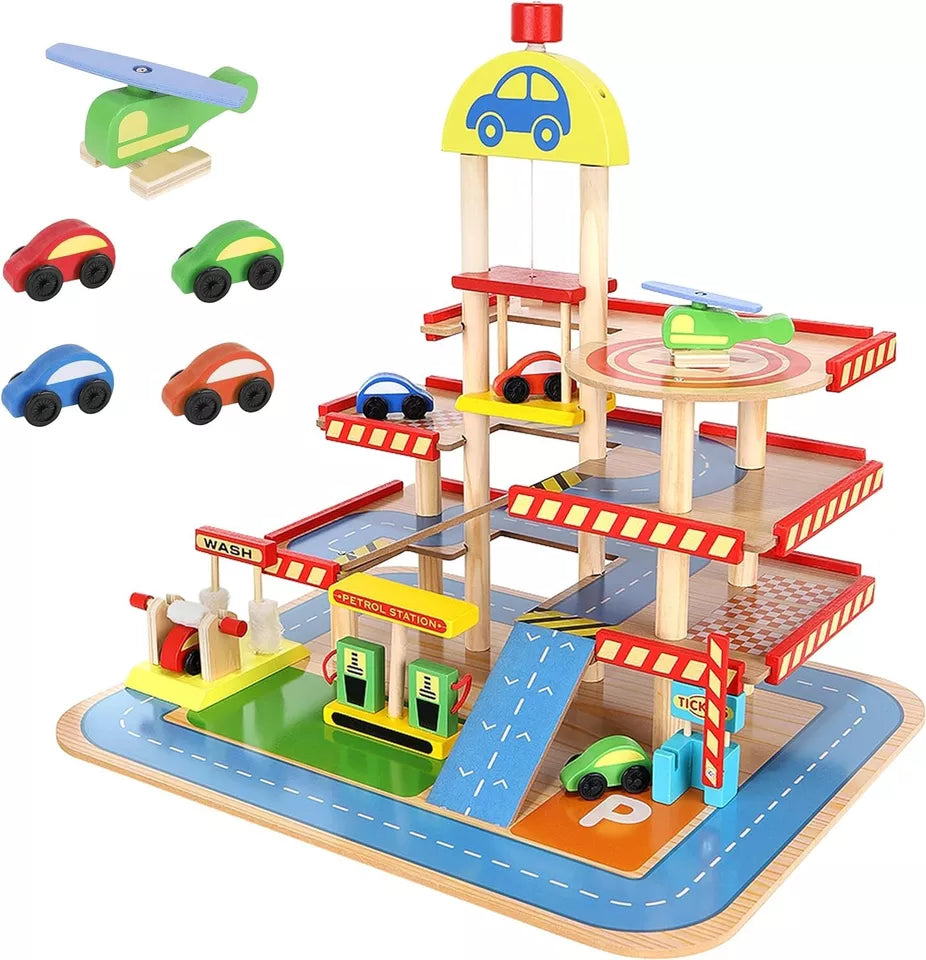 Box Garage in legno 3 piani set gioco garage pista macchine per bambini +veicoli