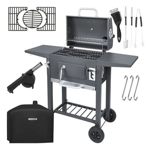 bbq barbecue a carbone carbonella griglie in ghisa + coperchio, termometro, soffiatore e tanti accessori