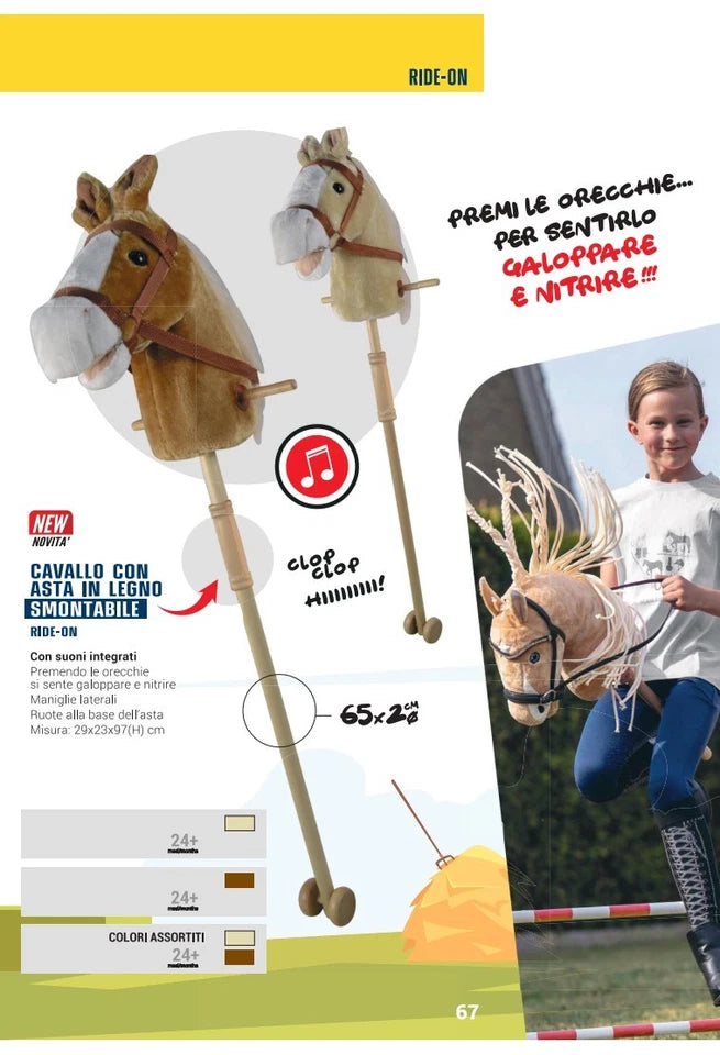 BASTONE CAVALLO A DONDOLO IN LEGNO E PELUCHE CON SUONI altezza 97 cm con ruote