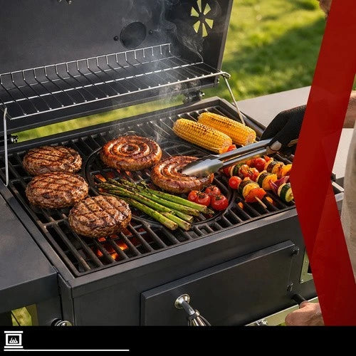 bbq barbecue a carbone carbonella griglie in ghisa + coperchio, termometro, soffiatore e tanti accessori