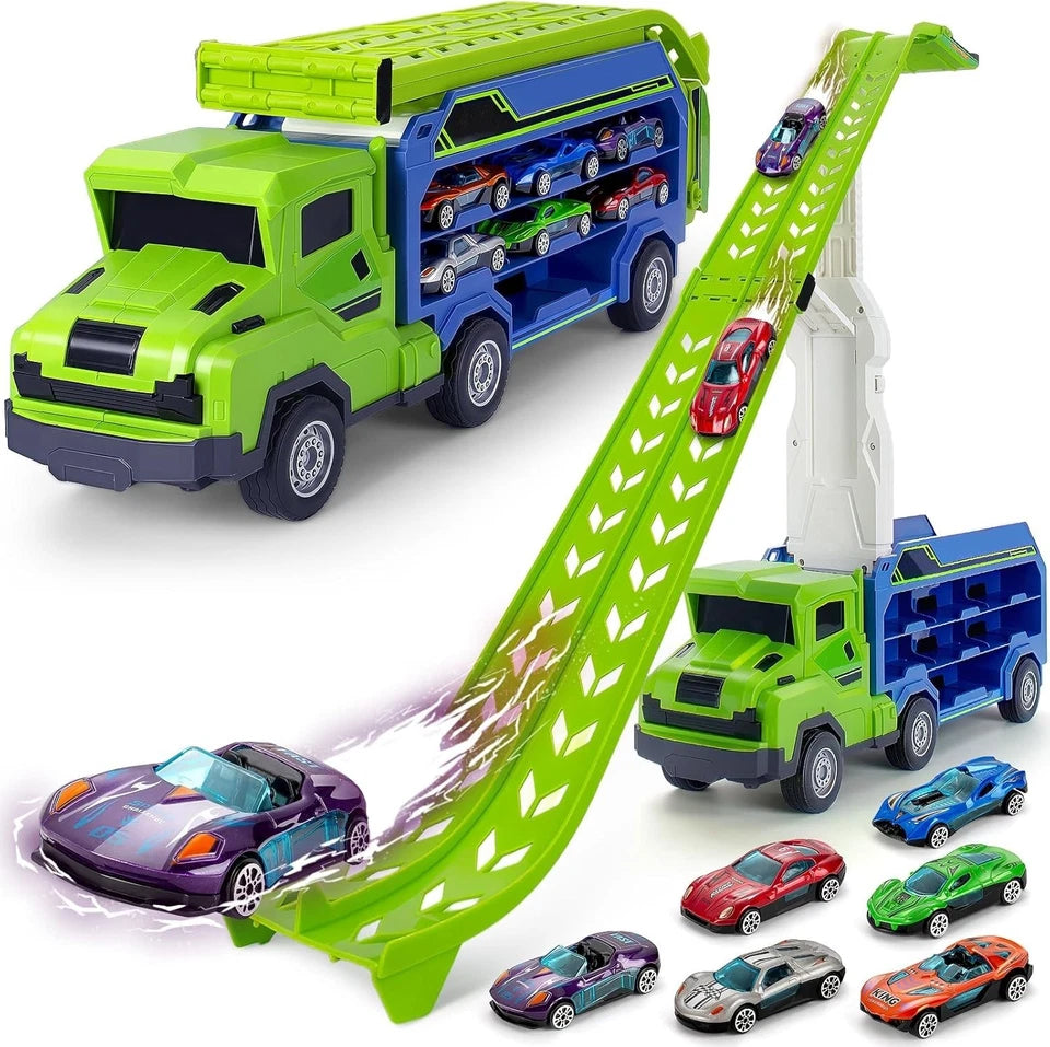Camion giocattolo bambini con 6 auto in metallo a retrocarica pista garage gioco