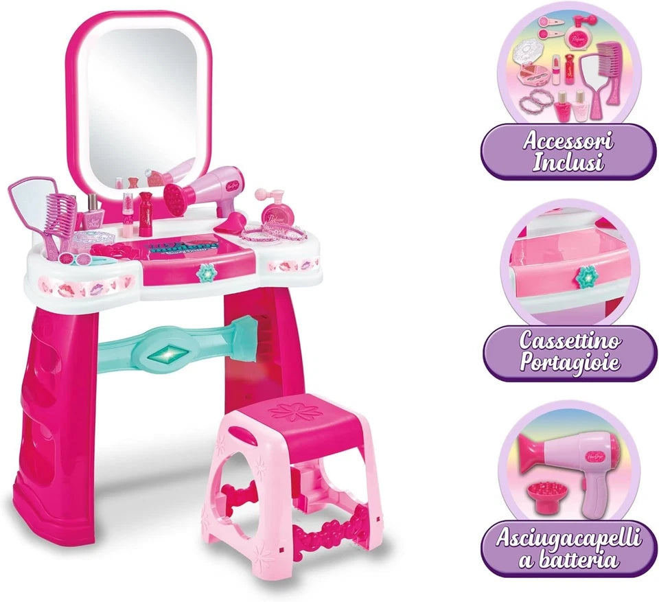 Specchiera Gioco con sgabello Bambine Specchio Trousse Set luci suoni h 72 cm