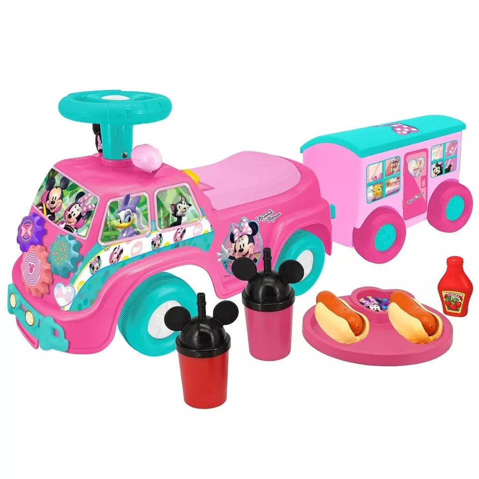 Ride on bambini disney auto a spinta cavalcabile minnie con rimorchio e accessori