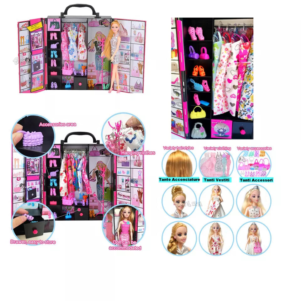 Armadio vestiti per bambole + accessori Scarpe Borse Specchio 2 bambole incluse