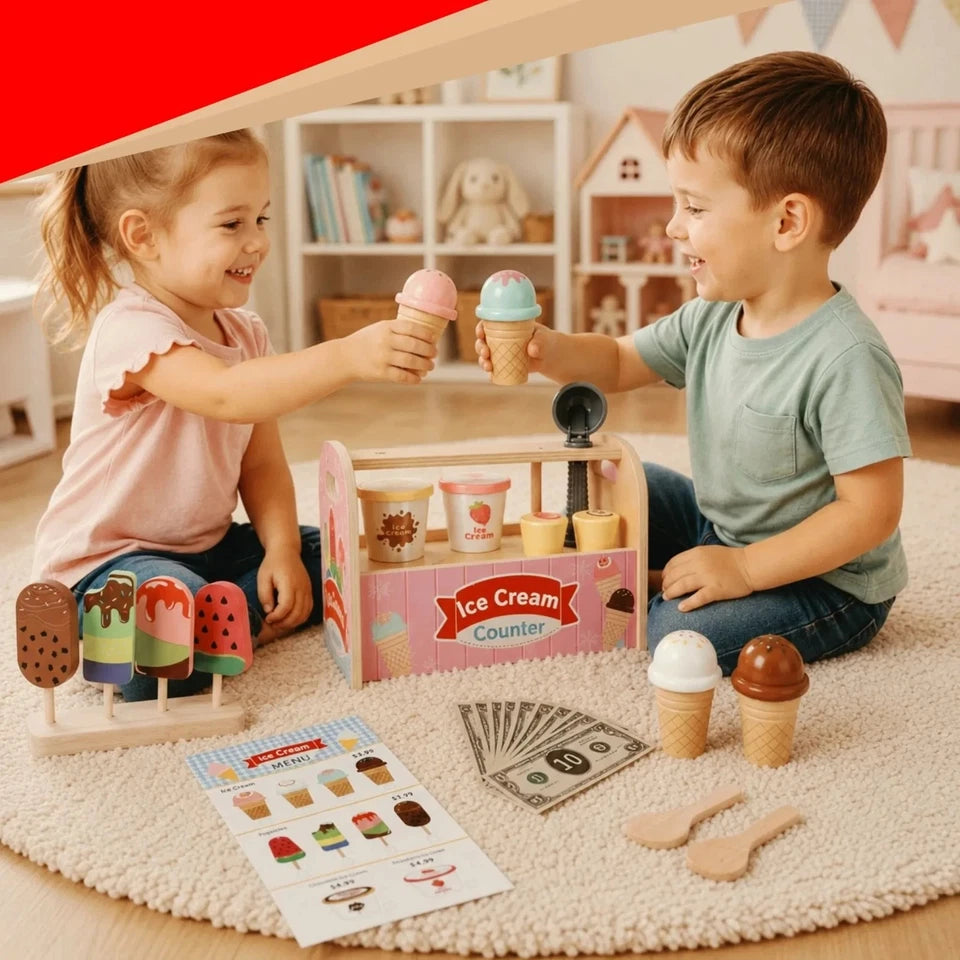 giocattolo in legno "la mia gelateria" set gioco gelati con accessori e dolci