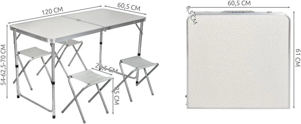 Tavolo picnic campeggio + 4 sgabelli e porta ombrellone richiudibile a valigetta