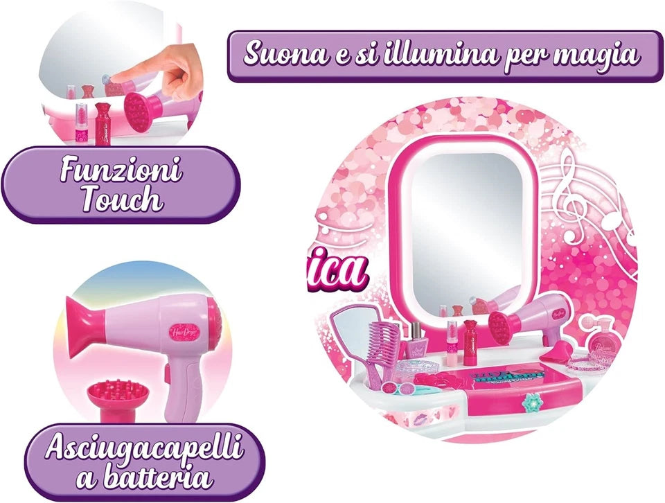 Specchiera Gioco con sgabello Bambine Specchio Trousse Set luci suoni h 72 cm