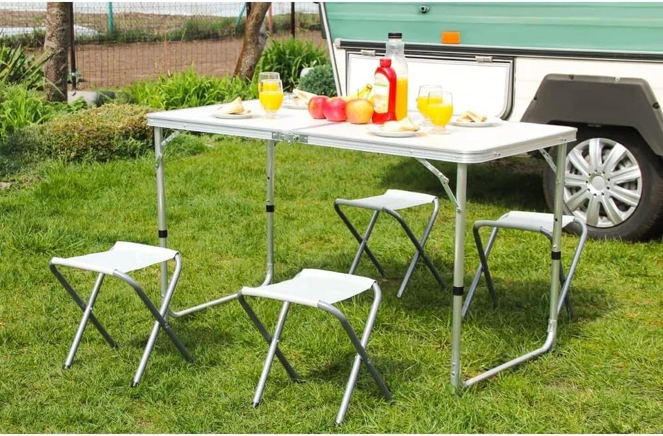 Tavolo picnic campeggio + 4 sgabelli e porta ombrellone richiudibile a valigetta