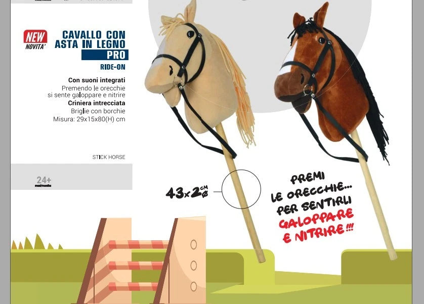 ASTA BASTONE CAVALLO A DONDOLO IN LEGNO E PELUCHE CON SUONI altezza 80 cm