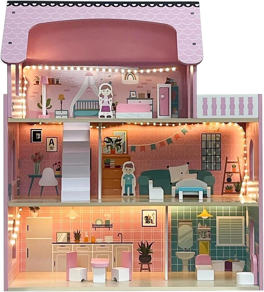Casa delle Bambole in Legno XXL con luci Led 3 piani con mobili e accessori