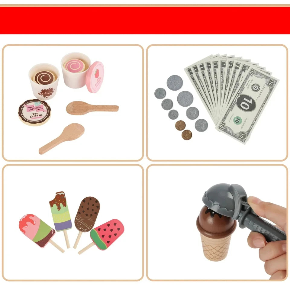 giocattolo in legno "la mia gelateria" set gioco gelati con accessori e dolci