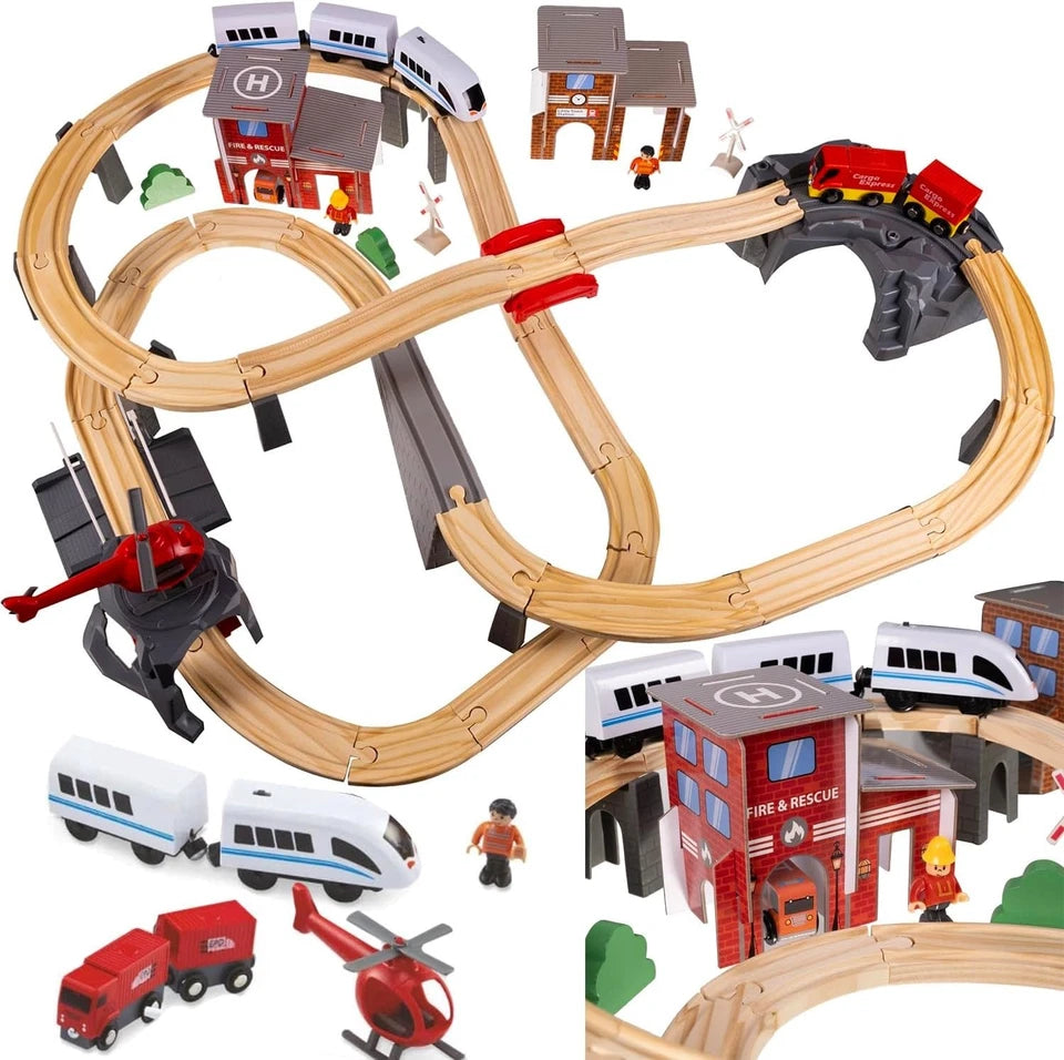 Pista Treno in Legno e Trenino Elettrico per Bambini e Set Ferrovia in Legno