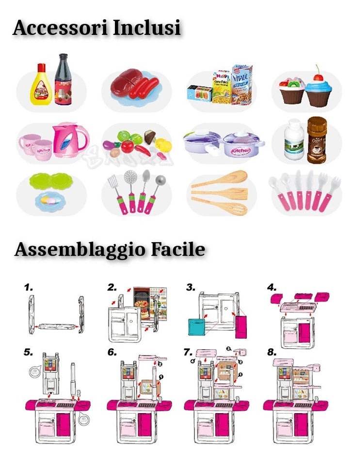 Cucina Giocattolo GRANDE per bambini Suoni Luci getto Acqua e Accessori h.98 cm