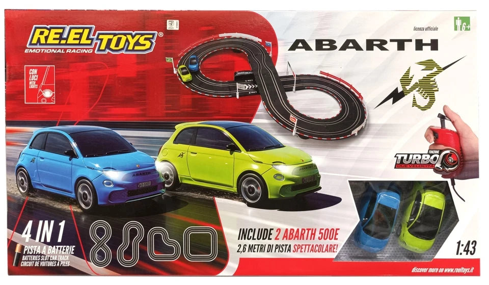 Pista elettrica a batterie pista Fiat Abarth 500E con luci Scala 1:43 2.6 metri