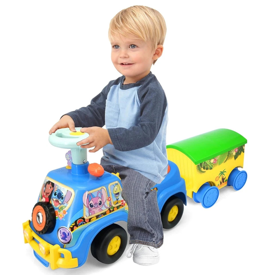 Ride on bambini disney stitch auto a spinta cavalcabile con rimorchio paletta secchiello mare