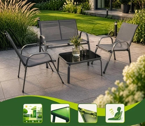 SET mobili DA GIARDINO TERRAZZO 4 POSTI sedie tavolo panca divano in acciaio