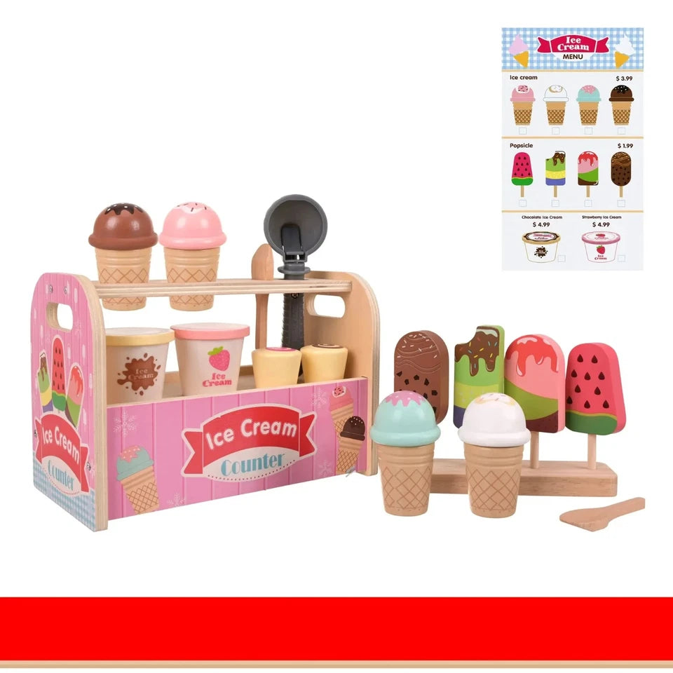 giocattolo in legno "la mia gelateria" set gioco gelati con accessori e dolci