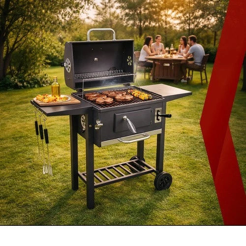 bbq barbecue a carbone carbonella griglie in ghisa + coperchio, termometro, soffiatore e tanti accessori