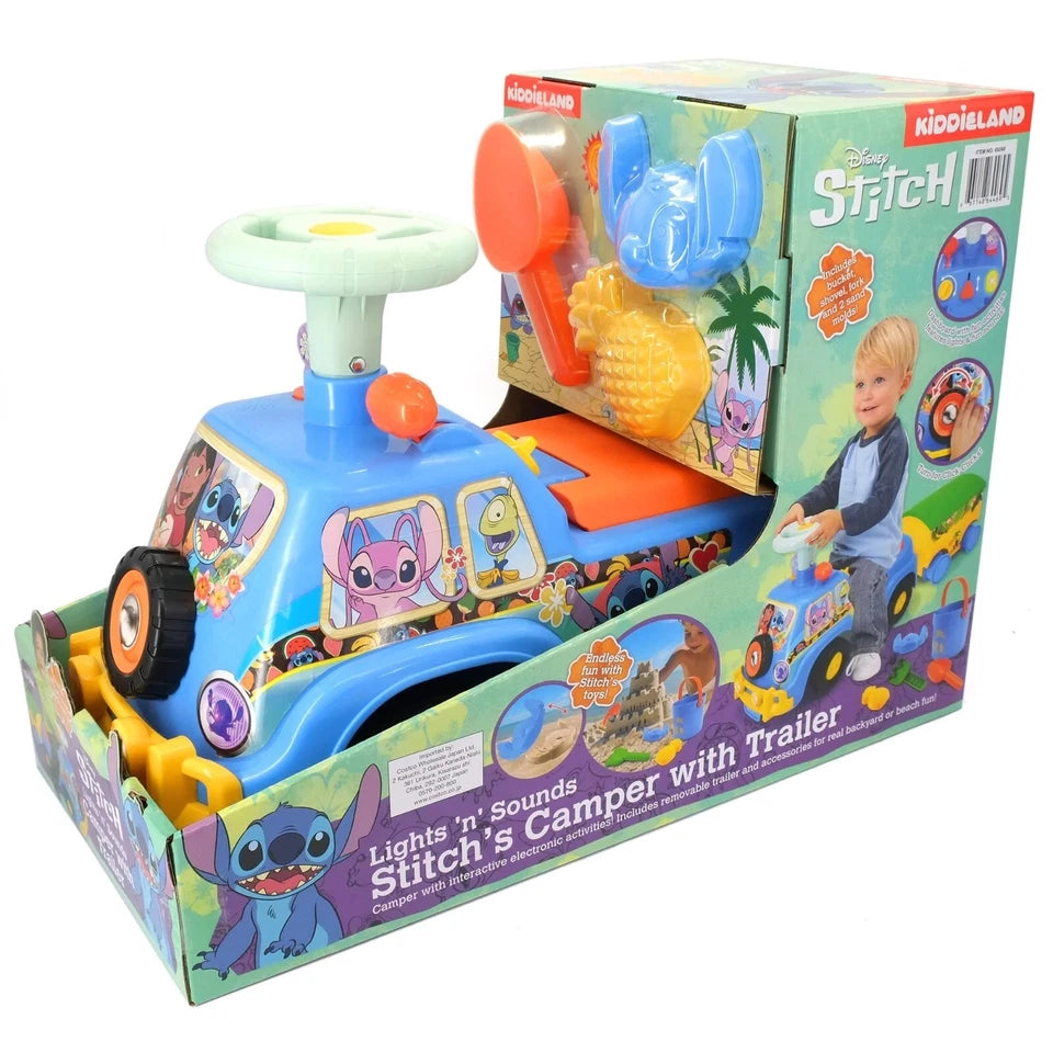 Ride on bambini disney stitch auto a spinta cavalcabile con rimorchio paletta secchiello mare