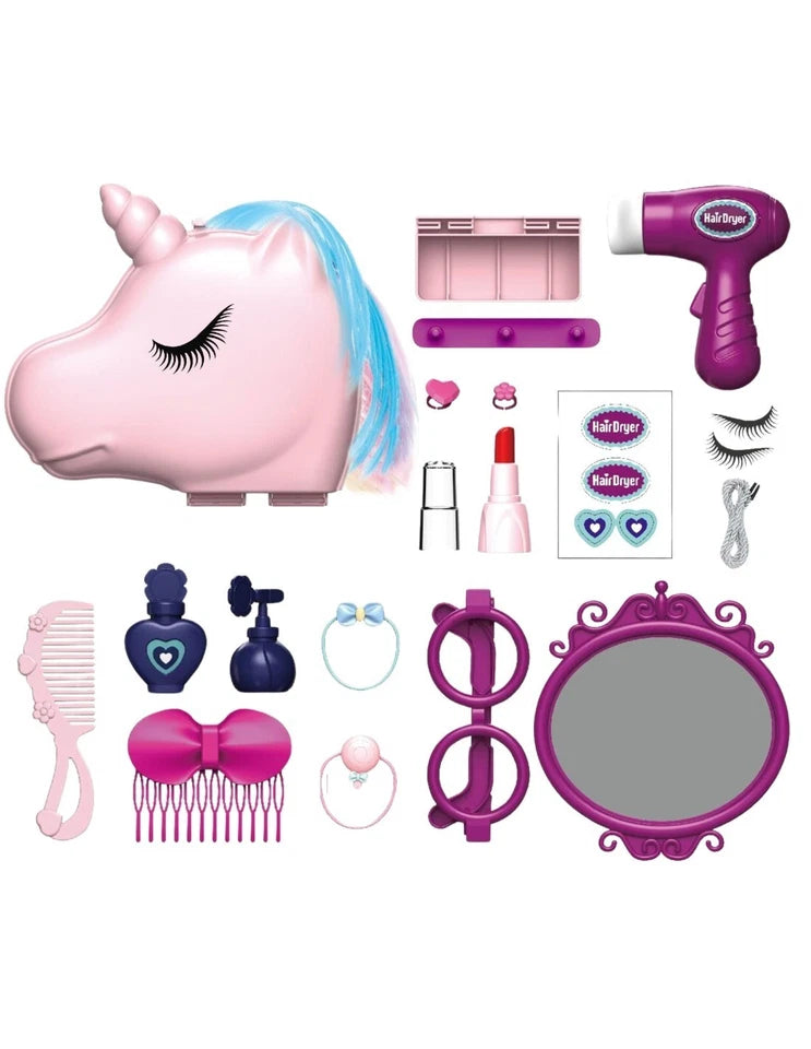 specchiera giocattolo specchio tavolo da trucco e accessori unicorno per bambine in legno