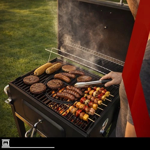 bbq barbecue carbone carbonella griglia ghisa + coperchio soffiatore accessori