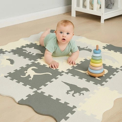 TAPPETO PUZZLE DINOSAURI GRANDE IN GOMMA PER BAMBINI SET 25 PEZZI TOT CM.106X106