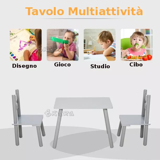TAVOLO PER BAMBINI In LEGNO + 2 SEDIE TAVOLINO DA GIOCO E STUDIO camera bambini