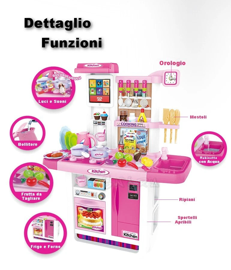 Cucina Giocattolo GRANDE per bambini Suoni Luci getto Acqua e Accessori h.98 cm