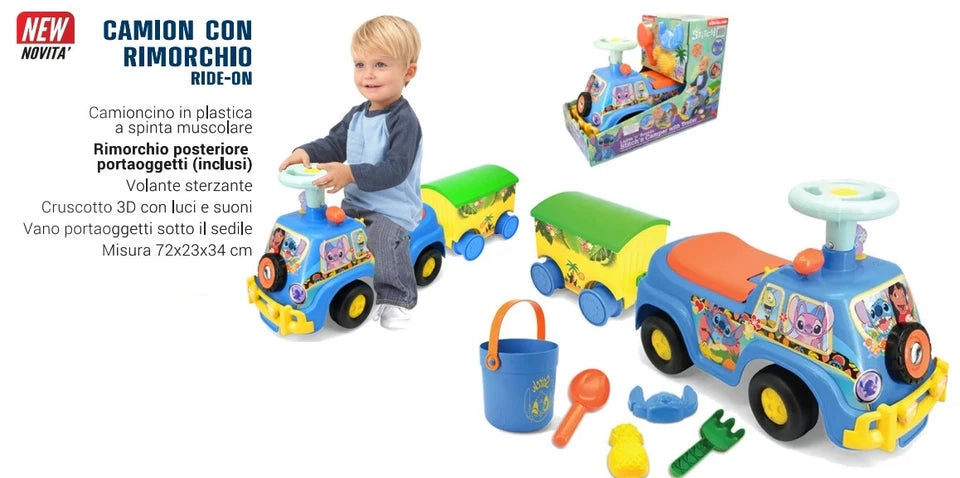 Ride on bambini disney stitch auto a spinta cavalcabile con rimorchio paletta secchiello mare