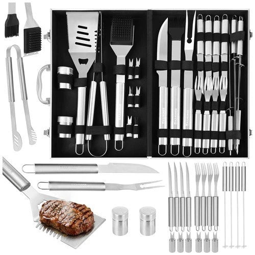 Set Accessori Barbecue 26 Pezzi in Acciaio inox- Valigetta Portatile Kit griglia