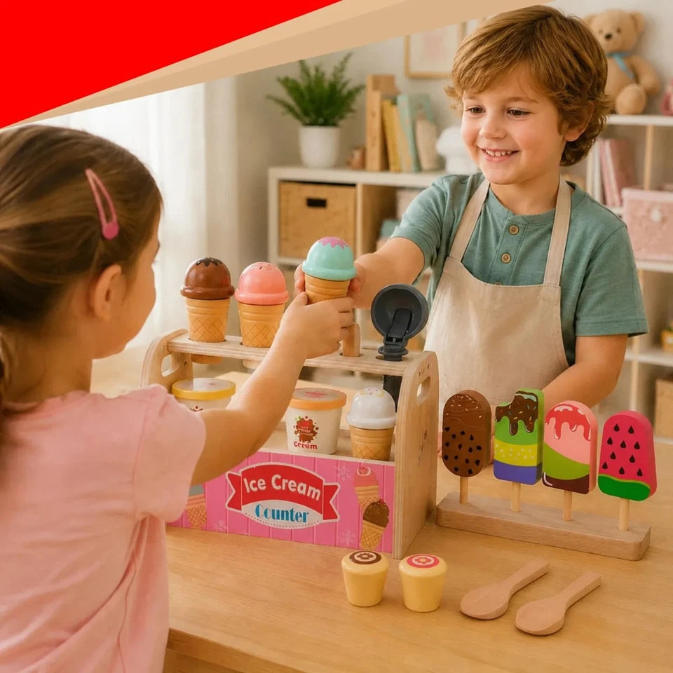 giocattolo in legno "la mia gelateria" set gioco gelati con accessori e dolci
