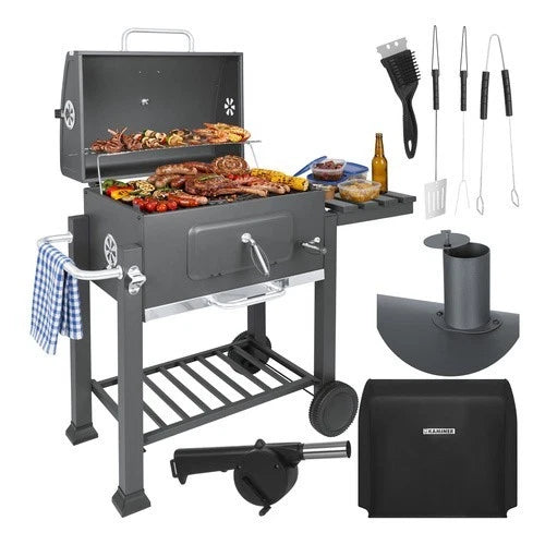 bbq barbecue carbone carbonella griglia ghisa + coperchio soffiatore accessori