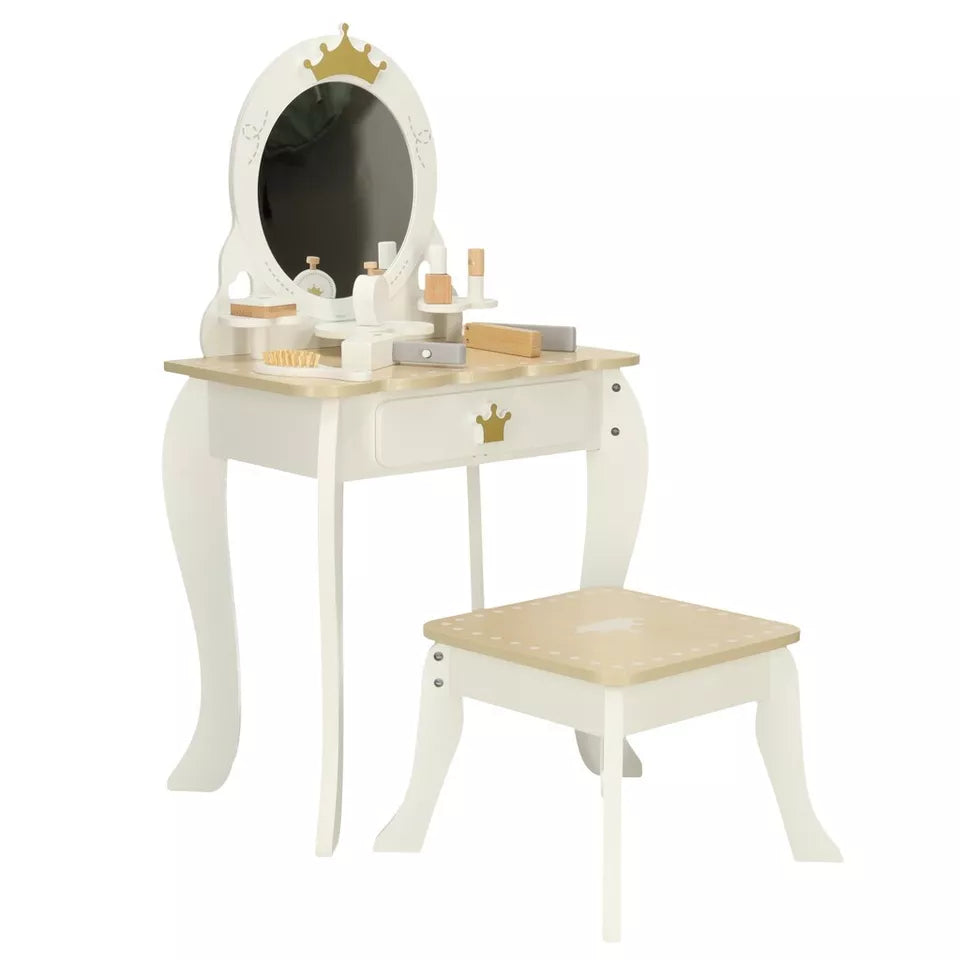 Specchiera giocattolo in legno specchio per bambine con accessori e sgabello