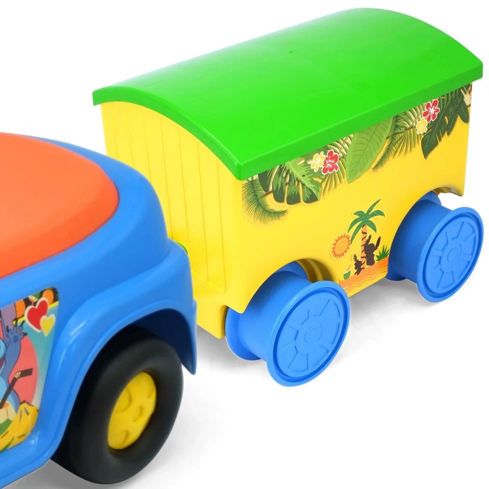 Ride on bambini disney stitch auto a spinta cavalcabile con rimorchio paletta secchiello mare