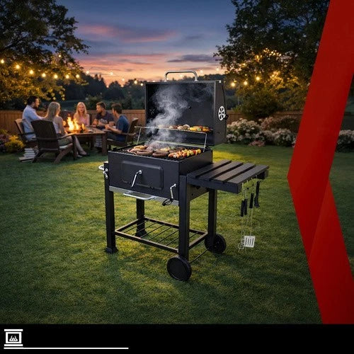 bbq barbecue carbone carbonella griglia ghisa + coperchio soffiatore accessori