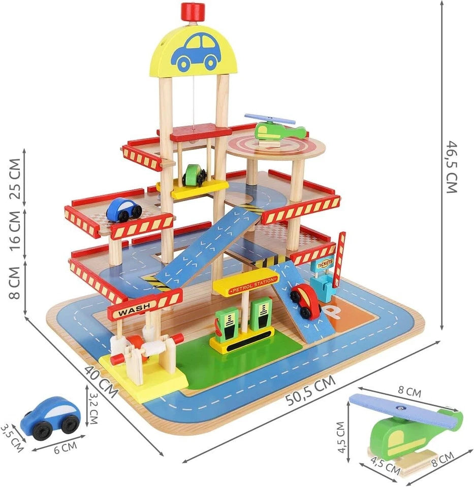 Garage in legno per bambini +veicoli 3 piani set gioco garage pista macchine
